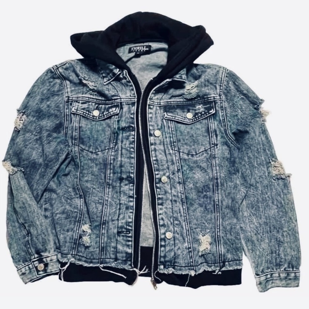 NWOT Thrill Hoodie Denim Jacket Zip Distressed grunge goth street sweatshirt